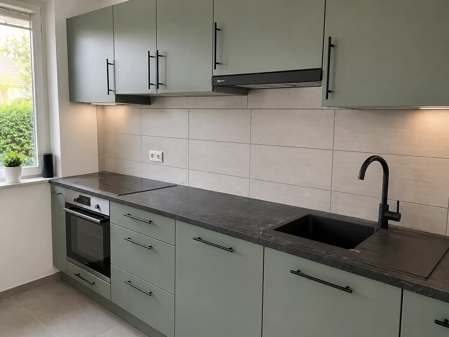 Moderne Küche mit salbeigrünen Fronten
