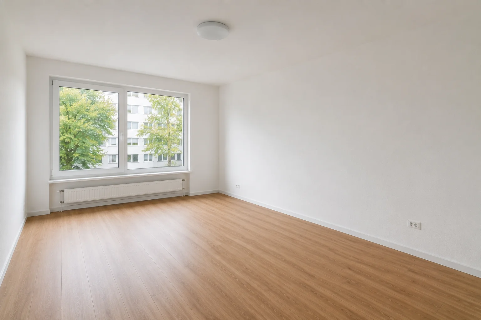 Leeres, frisch renoviertes Zimmer mit Balkon